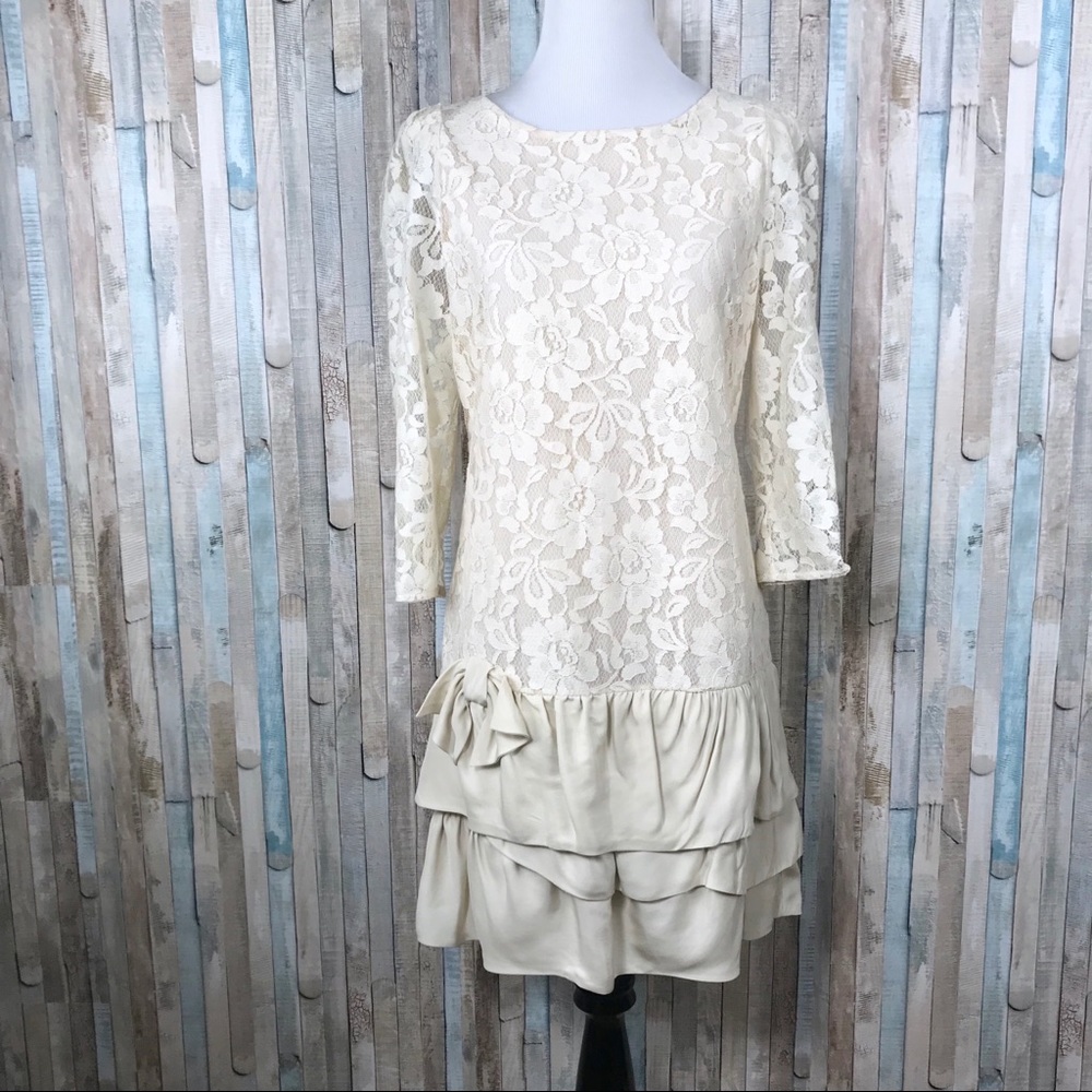 Sandro 2 M Ivory‎ Lace Drop Waist Ruffle Dress - Picture 2 of 8